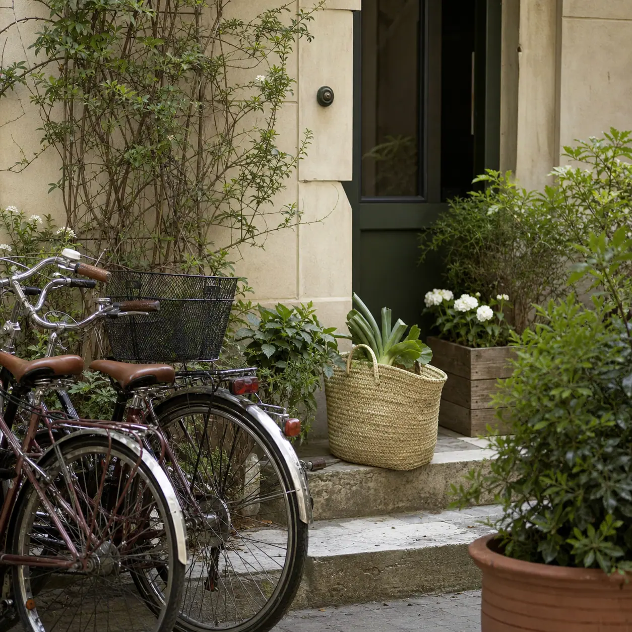 Vélos et plantes devant un immeuble